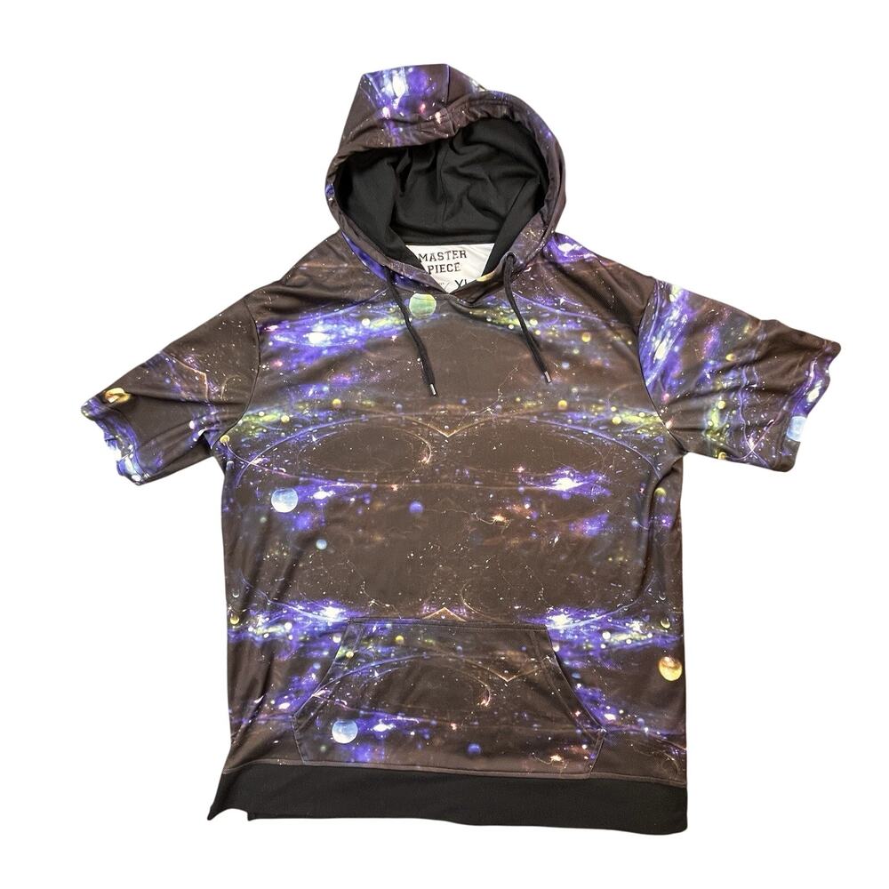 Galaxy Glow Hoodie Tee XL Men’s Cosmic AOP Short Sleeve Hooded Shirt